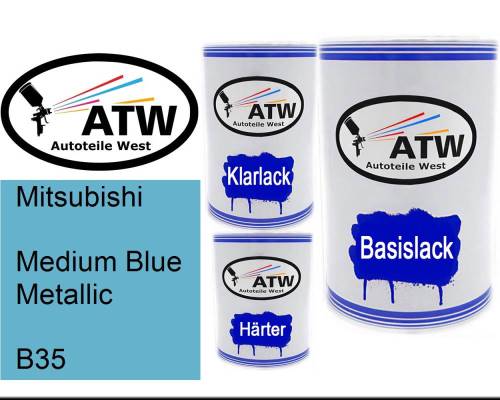 Mitsubishi, Medium Blue Metallic, B35: 500ml Lackdose + 500ml Klarlack + 250ml Härter - Set, von ATW Autoteile West.